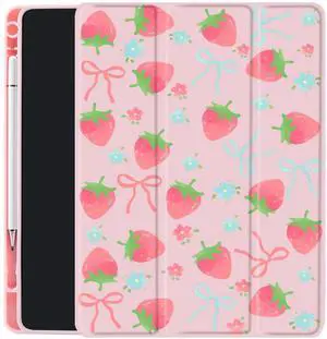 KEHOCCute Pink Strawberry Flowers Case for Ipad 10.2Inch Cover Auto Sleep/Wake Lovely Bow Cover Ipad7/8/9 Gen Clear Back with Pencil Holder Cartoon Fruit Anti-Slip Shockproof Shell for Girls Women