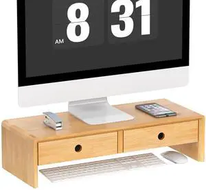 Ufine Bamboo Monitor Stand with 2 Drawers Desktop Organizer Computer Screen Laptop Riser Ergonomic Height for Home Office