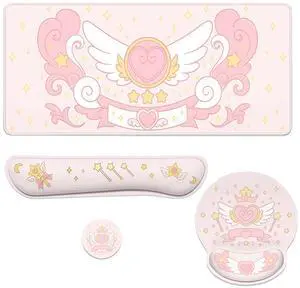 Cartoon Magical Mouse Pad Set Cute Pink Heart Wings Stars Gaming Mousepad 4in1 Desk Mat for Desktop Anti-Slip XXL Big Computer Ergonomic Mousepad with Wrist Support for Keyboard and Mouse