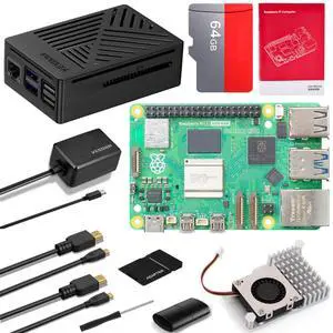 Vesonn Raspberry Pi 5 16GB Starter Kit Raspberry Pi 5 16GB board/64GB Memory Card/GaN 27W 5.1V5A USB-C Power Supply/ABS Protective case/Active Cooler/MicroHDOUT Cable/Driver/Card Reader/Manual