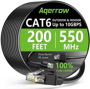 Aqerrow Cat 6 Ethernet Cable 200 FT, 10Gbps Ethernet Cable, High Speed UV Resistant, Direct Burial, Waterproof, Outdoor&Indoor RJ45 Cat6 Cable LAN Internet Cable for Router, Modem, PS4/5, Xbox - Black