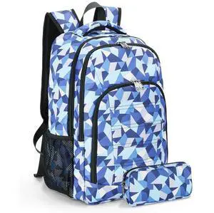 Della Gao College Laptop Backpack with Pencil Case, Digital Check Pattern Travel Backpack for Men, Waterproof Computer Back Pack for Travel, Business, Work, College (Blue-RH, 15.6 Inch)