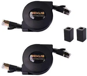 REXUS 2-Pack Retractable Cat 7 Flat Ethernet Network Cable 4.9 FT (1.5 M) with 2 RJ45 Coupler, High-Class 10 Gigabit LAN Wires Internet Patch Cable with RJ45 Gold Plated Connector (C7R15x2CP)