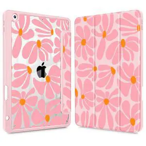 May Chen for iPad 9th Generation with Pencil Holder, iPad 8th/7th Gen Case 10.2-inch, [Penceil Holder] Trifold Stand Auto Wake/Sleep Clear TPU Protection Back Cover, Groovy Flower