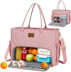 KKXIU Lunch Tote Bag for Teacher & Nurse, 15.6 Inch Laptop Tote with Insulated Lunch Box Pocket for Women, Professional Computer Work Bag for School, Office, Nursing - Pink