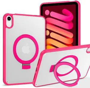 VENINGO iPad Mini 7 Case, iPad Mini 6 Case, iPad Mini Case 2024/2021, Slim Thin with Foldable Kickstand Ring Translucent Matte Back Not Yellow Anti-Scratch Shockproof Protective Tablet Cover, Hot Pink