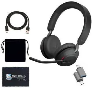 Evolve2 65 MS Stereo Jabra Wireless Headset with Link380c  Bluetooth Headphones in Black, 37-Hour Battery, Includes USB-A to C Cable, USB-A to C Adapter + Cover + Microfiber Cloth