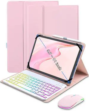 XCHYTECHER Universal Tablet Keyboard Case for 9.7",10.1",10.2",10.5",10.9",11" iPad Samsung Fire Pixel Android 10.1 inch Tablets, 7 Color Rainbow Backlit Removable Keypad with Pen Holder(Pink) + Mouse