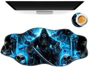 Tudguiloae Large Gaming Mouse Pad with Coaster, Edge Stitching Keyboard Blue Fire Skull Ghost Rider Mouse Mat for Desk, 35.4" x 15.75" Household Extended Desk Pad for Desktop, Non-Slip Rubber Base