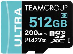TEAMGROUP A2 Ultra Card 512GB Micro SDXC UHS-I U3 A2 V30, R/W up to 200/170 MB/s with Adapter TULMSDX512GIA2V3022503