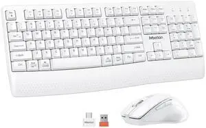 MEETION Wireless Keyboard and Mouse White, 2.4G USB Receiver Plug-and-Play, Computer Keyboard with Wrist Support, 3 Level DPI Mouse, Long Time Lasting Battery for PC/Mac/Windows/Laptop, White