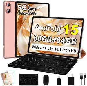 UJJ 2025 Android 15 Tablet 10 Inch Tablets with Keyboard, 30GB+64GB+1TB Expand, Octa-Core Tablets with 6000mAh Battery, HD IPS Display, 5G WiFi, Split Screen, Widevine L1 - Rose Gold