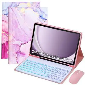 VLEAQC Keyboard Case for Samsung Galaxy Tab A9+/A9 Plus 11 Inch 2023 (SM-X210/X216/X218), Detachable Color Backlit Bluetooth Keyboard and Mouse, Lightweight Stand Cover with Pen Holder (Pink Marble)