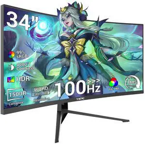 YXPC 34 inch Curved Ultrawide Computer Gaming Monitor 100Hz,UWQHD 3440x1440,1500R -PIP,1ms (MPRT),HDR, 300nits, sRGB99%,FreeSync,HDMI2.0(TMDS) x2,DP1.4 x2,Eye CareVESA75 * 75mm