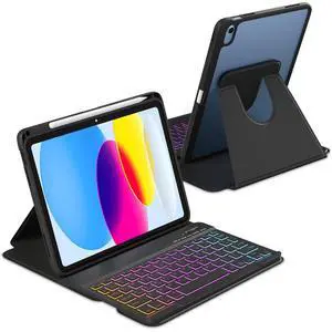 MMK for iPad A16 Case with Keyboard (2025), 7 Color Backlight | Removable keypad with Pencil Holder | 360 Degree | Rotating for iPad 10th Generation Case with Keyboard, Black