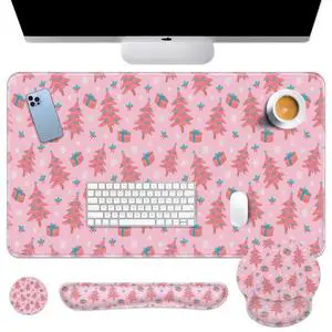 Britimes Keyboard Mouse Pad Set Winter Pink Blue Pine Gift Snowflakes 4in1 Large Mousepad+Keyboard Wrist Rest+Mouse Wrist Rest+Coaster Set with Ergonomic Design for Home Office Computer 35.4x15.7In