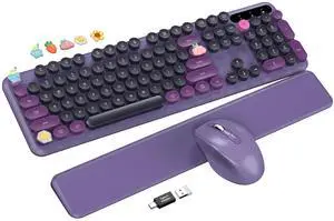 Wireless Keyboard and Mouse - Cute Typewriter Keyboard with Detachable Wrist Rest, Retro Round Keycaps, Foldable Legs, 2.4GHz Full-Size Keyboard Combo for PC, Laptop, Windows - Trueque (Grape Purple)