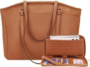 YZAOLL 15.6 Inch Laptop Tote Bag for Women,Water-resistant Vegan Leather with Anti-Scratch Padded Sleeve,Lightweight Multi-Pocket Work Bag for Business Travel,College,Office Essentials,Brown