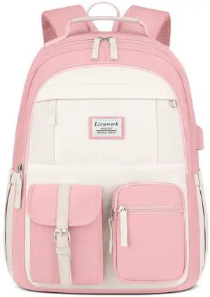 School Backpack BookBag for Teen Girl: 15.6 Inch Cute Laptop Backpacks for Middle High School Casual College Back Packs with USB Charging Port Aesthetic Daypack Travel Book Bag for Kids Students Women