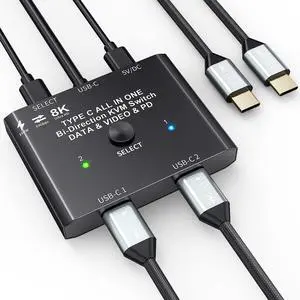 USB C Switch 2 in 1 Out/1 in 2 Out Bi Directional USB C Switcher Selector for 2 Laptops Share 1 USB Device, 4K@60Hz/10Gbps Data Transfer and 100W PD Charging, Wired Control and 2 UBS C Cables