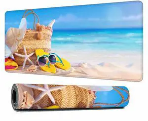 Y YIHANGBEST Summer Tropical Beach Mouse Pad Desk Mat Defocused Ocean Seashell Starfish Decor Woven Straw Bag Large Gaming Mousepad for Keyboard PC.Home,Office 35.4"X15.7"