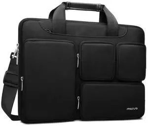 MOSISO Laptop Shoulder Messenger Bag Compatible with MacBook Air/Pro, 13-13.3 inch Notebook, Compatible with MacBook Pro 14 inch, Polyester Briefcase Sleeve with 4 Front Zipper Pockets & Belt,Black