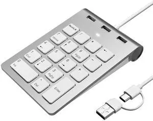 Wired Number Pad, USB Numeric Keypad with 3 USB 2.0 Ports, Portable Slim Mini 18 Key Number Pad Keyboard for Laptop Desktop Computer PC ChromeBook Surface Notebook