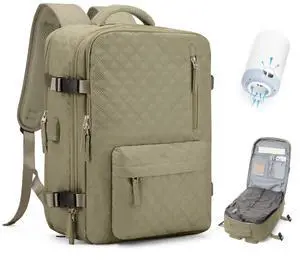 VECAVE Vacuum Travel Backpack with Pump for Women,Personal Item Carry on Backpacks Flight Approved 18x14x8 inches for Men,Laptop Waterproof Work Compression bags Casual Daypack Khaki.