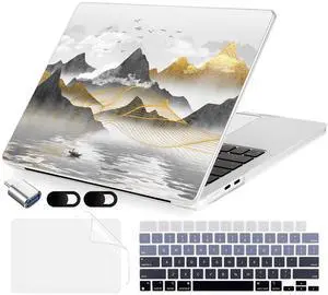 MecBevia Compatible with MacBook Air 15 inch Case, M4 A3241/M3 A3114/M2 A2941 (Released 2025 to 2023), Hard Shell, Keyboard Cover, Screen Protector, Webcam Cover & Type-C Adapter, Inked Mountain