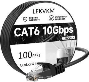 LEKVKM Cat 6 Ethernet Cable 100 ft High Speed 23AWG RJ45 Internet Cable for Outdoor and Indoor Use, Supports 10Gbps CAT6 Networks, Black PE Waterproof, Computer LAN for PCs, 100Feet