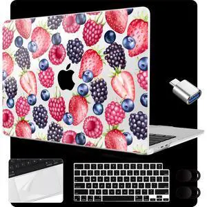 MEEgoodo Case for MacBook Air 15 inch M4/M3/M2 2025 2024 2023, Case Fit Model (A3241/A3114/A2941) for MacBook Air 15-inch, Laptop with Keyboard & Camera Cover & OTG Adapter, Fresh Berries Pattern