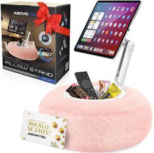 AboveTEK Kindle Pillow Stand, Magnetic iPad Holder for Bed with Snack Bowl, 360° Adjustable Soft Tablet Lap Pillow for Reading, Compatible with Kindle, Tablet, Phone, Ideal Cozy Gift for Women(Pink)