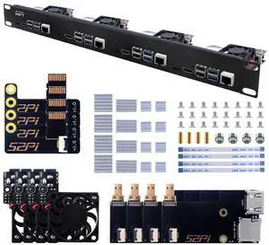 GeeekPi 1U Rack Mount for Raspberry Pi 4, 19" 1U Rackmount Supports 1-4 Units with 4pcs Fans, Aluminum Heatsinks, Micro HDMI Boards, TF Card to FPC Boards for Raspberry Pi 4B