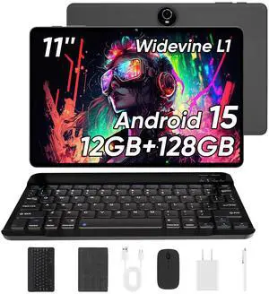 11 Inch Tablet with Keyboard, Android 15 Tablets, 12GB+128GB, 1TB Expand, 8000mAh Battery, 5MP+8MP Camera, Dual Band WiFi 6, IPS Touch Screen, Mouse/Stylus/Case/Charger Inside, Great Gift -Black Set