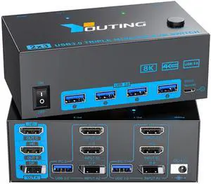 KCEVE 8K KVM Switch 3 Monitors 2 Computers HDMI DP, USB 3.0 KVM Switch Dual Monitor 4K@144Hz 8K@60Hz for 2 Computer Share Keyboard Mouse, with Power Adapter and Wired Remote
