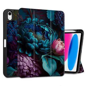MEEgoodo Case for iPad A16 11th Generation 11 inch 2025/iPad 10th Generation 10.9 inch 2022,Tablet Cover with Trifold Stand + Pencil Holder + Auto Wake/Sleep + TPU Back Cover, Beautiful Fantasy Flower