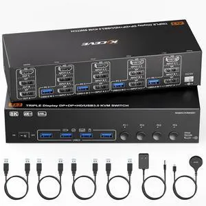 KVM Switch 3 Monitors 4 Computers 8K@60Hz 4K@144Hz, HDMI +2 Displayport Triple Monitor KVM Switch with 4 USB Ports for Keyboard Mouse,Support Extended/Copy Mode, with Wired Remote and 4 USB Cables