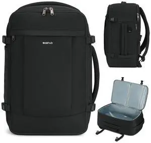 ECOHUB 17'' Small Travel Backpack, United Airlines Personal Item Bag 16.9"x10"x7.5" Carry on Backpack with USB Port Luggage Sleeve Travel Essentials for Men Women Water Resistant, Black