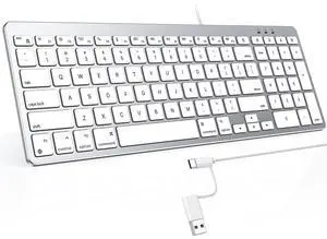 OMOTON Wired Keyboard Compatible with Mac, with Dual Interface (USB and Type-C), Numeric Keypad Compatible with MacBook Pro/Air, iMac, Mac mini/Pro Laptop, Silver