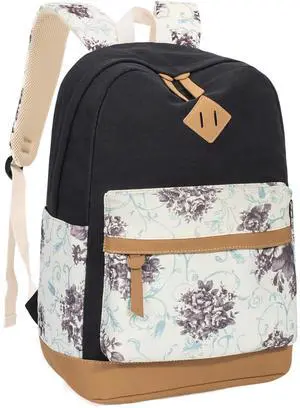 Leaper Girls Cute Backpack for School Laptop Backpack Canvas Travel Backpack for Women Kids Backpack College Kawaii Bookbag School Bags Floral Black