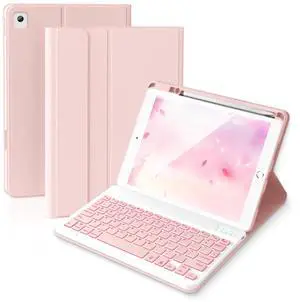 Keyboard Case for iPad 9th Gen 2021 10.2 inch with Pencil Holder, Wireless Detachable Backlit Keyboard for iPad Pro 10.5 inch / Air 3rd Gen,Slim Folio Cover for ipad 8th Gen / 7th Gen keyboard, Pink