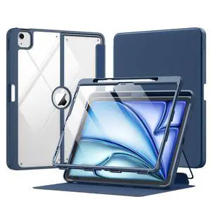 MoKo for iPad Air 13 Inch Case M3 2025 & M2 2024 with Pencil Holder, iPad Air 13 Case [Built-in Screen Protector] with Clear Back & Magnetic Multi Angle Stand Cover, Navy Blue