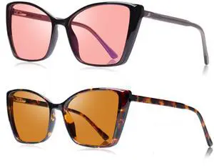 JFXQDR Women's 2 Pack Indoor Fluorescent-41 Rose & Outdoor Fluorescent-60 Brown Cat Eye Tinted Blue Light Blocking Glasses for Migraine, Light Sensitivity, Photophobia LED Gaming Computer Screen Glare