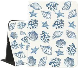 AdorableWhimsy Ocean Seashell Case for iPad 9th/7th/8th Generation(2021/2020/2019, 10.2 Inch) with Pencil Holder Folio Girly White Leather Cover Multi-Angle Viewing Stand Case Auto Sleep/Wake