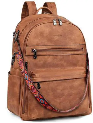 FADEON 15.6 inch Laptop Backpack Purse for Women Designer PU Leather Computer Backpacks Fashion for Work Travel Brown