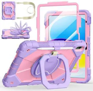 Case for iPad (A16) 11th/10th Generation 11/10.9 Inch 2025/2022, Ubearkk for iPad a16 case with Screen Protector, 360 Degree Rotating Stand Shoulder Strap Pencil Holder, Purple Pink