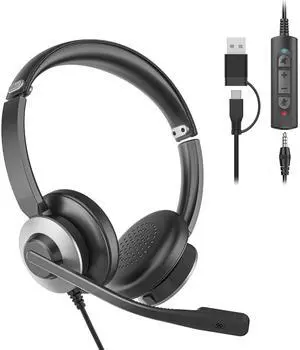 USB Headset with Microphone for PC, Headset with Mic, Computer Headset with Noise Canceling Microphone for Laptop, Wired Headphones with Mic for Work from Home/Call Center/Open Office