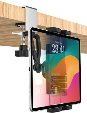 GDZN Kitchen Cabinet Tablet Holder, [C-Shaped Metal Clamp] Under Cabinet Tablet Mount with 360° Rotation for iPad Pro 11 12.9 Air Mini, Galaxy Tabs, Z Fold, Fire, E-Reader, Switch, 4-13" Devices