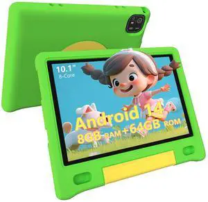 VCFNXLS Kids Tablet 10", Android 14, 8GB+64GB (1TB Expandable), Octa-Core, 1280×800 HD Display, Dual Cameras, 12-Hour Battery, Parental Controls, Childs Tablet with Shockproof EVA Case