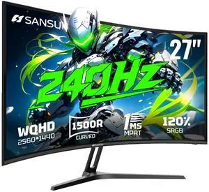 SANSUI 27 Inch Curved 240Hz Gaming Monitor, 2K WQHD 1500R Curved Computer Monitor, 120% sRGB, MPRT 1ms, Freesync, HDR, VESA(100 * 100mm),HDMI*2, DP1.4 * 2(DP Cable Included)